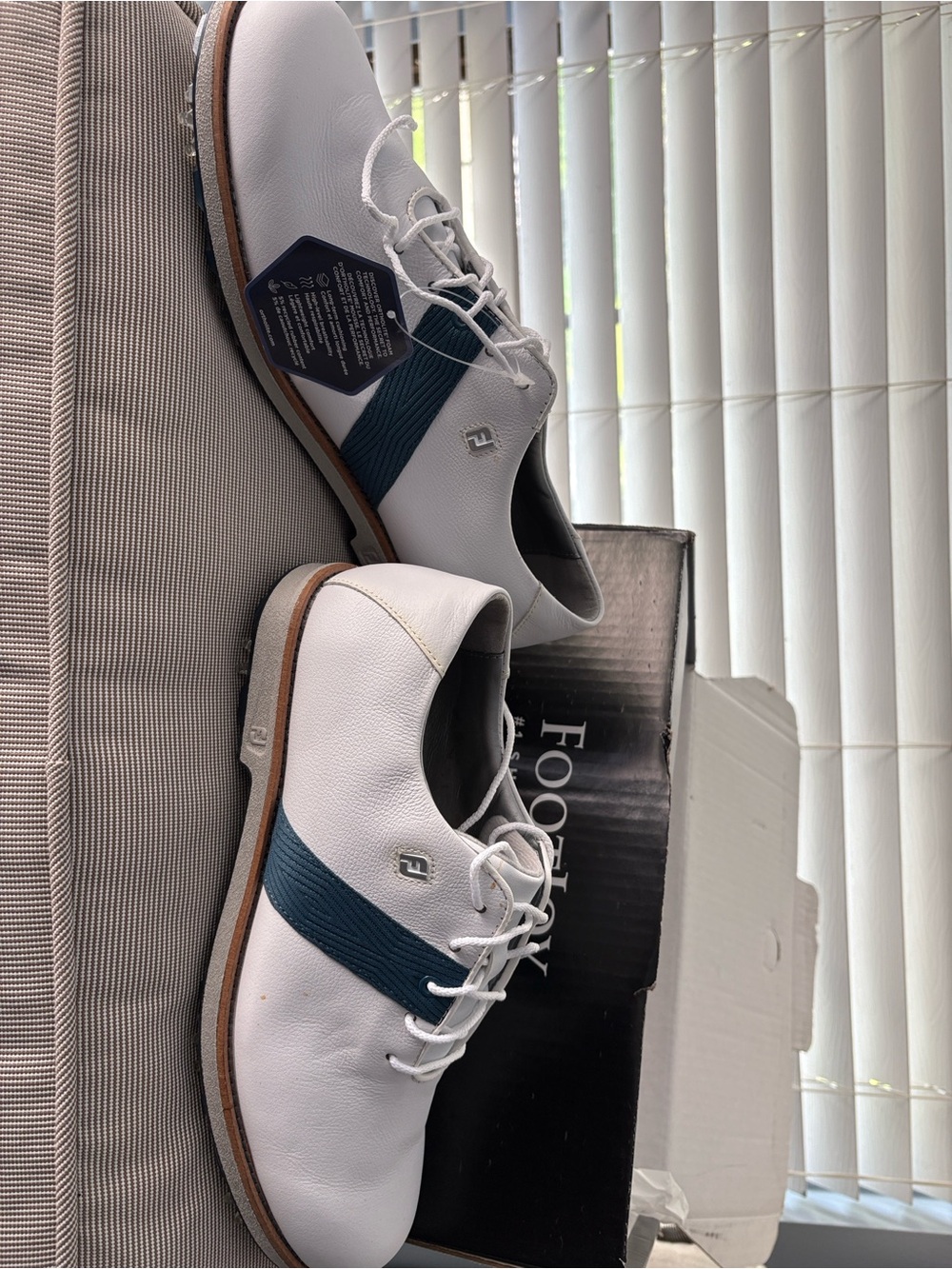 FootJoy White Oxfords with Blue Stripe